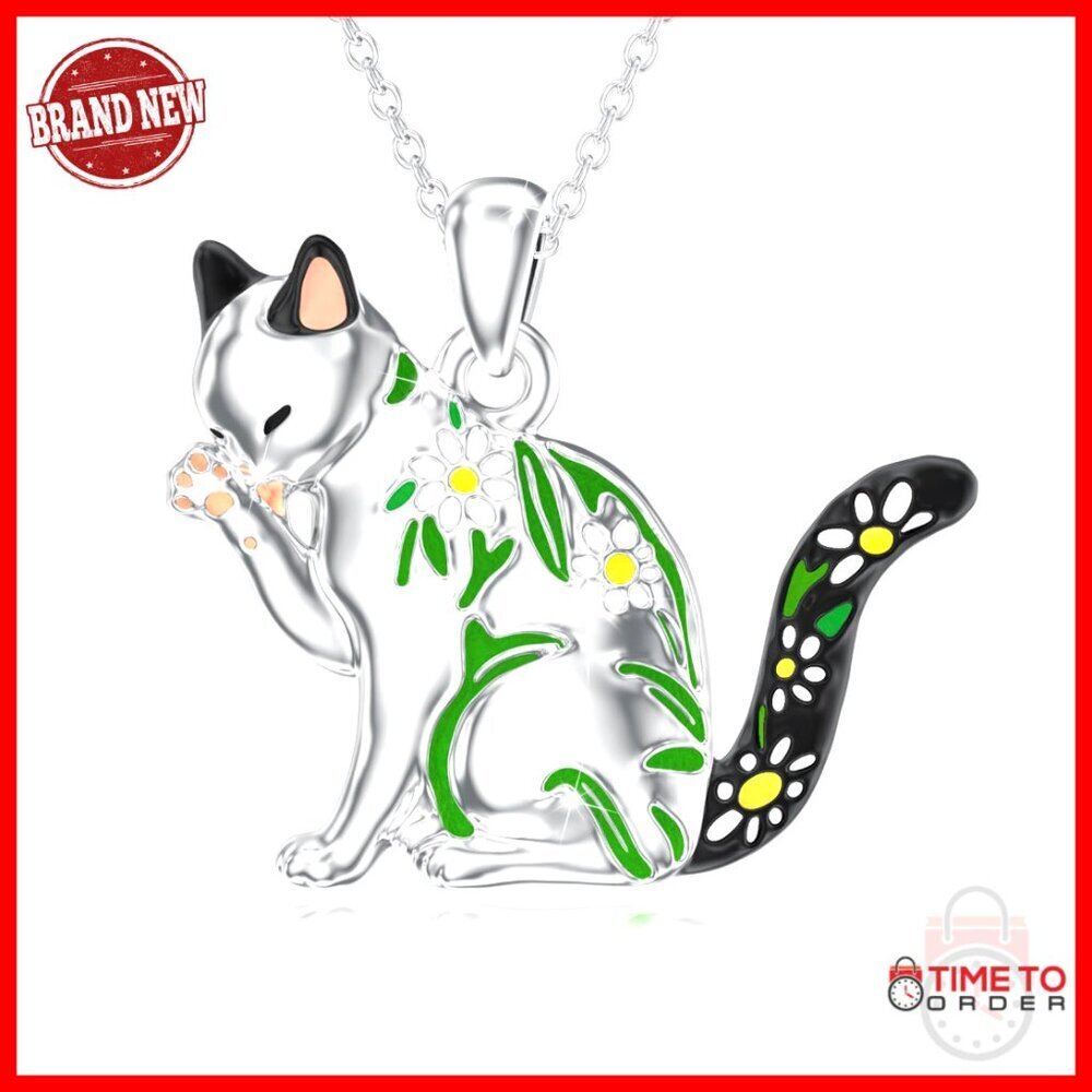 Sterling Silver Cat Pendant Necklace, Daisy Enamel, 1.2 Inch, Lobster Clasp